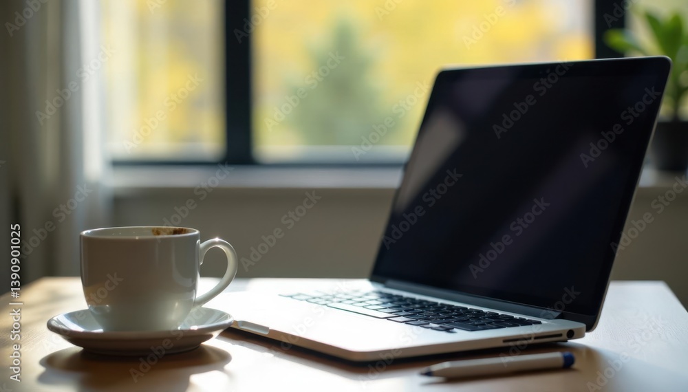 Laptop on desk, empty coffee cup, window view, technology, online, urban Laptop on desk, empty coffee cup, window view, technology, online, urban