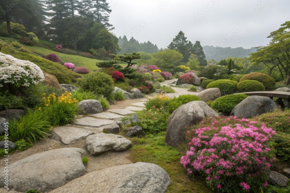 Pathway Through a Colorful Garden During Cloudy Weather Generative AI Pathway Through a Colorful Garden During Cloudy Weather Generative AI