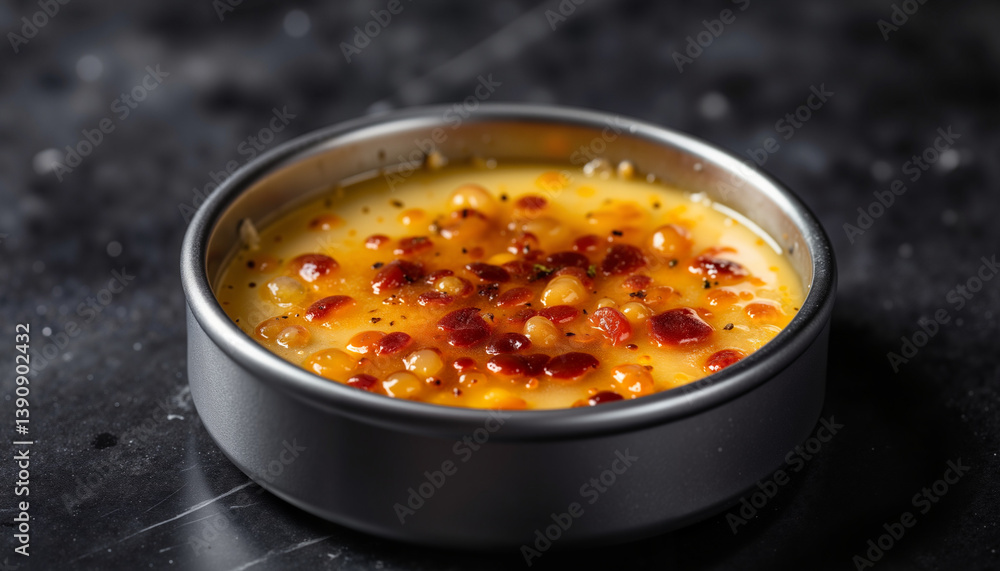 Hyper-realistic spiced chai crème brûlée on dark background, gourmet indulgence Hyper-realistic spiced chai crème brûlée on dark background, gourmet indulgence