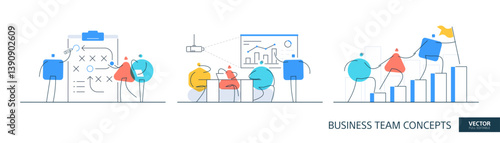 Leadership goal illustrations set in thin line style. Team growth abstract linear vector design concepts. Success stair flat icons. Tiny geometric people team.