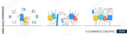Retail discount illustrations set in thin line style. Happy customer abstract linear vector design concepts. Shopping cart flat icons. Tiny geometric people team