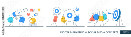 Efficient system illustrations set in thin line style. Company process abstract linear vector design concepts. Organizational support flat icons. Tiny geometric people team.