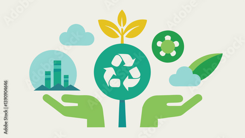 EcoFriendly Symbols A pair of hands one holding a plant and the other a recycling symbol surrounded by small icons representing solar panels wind turbines and water droplets to