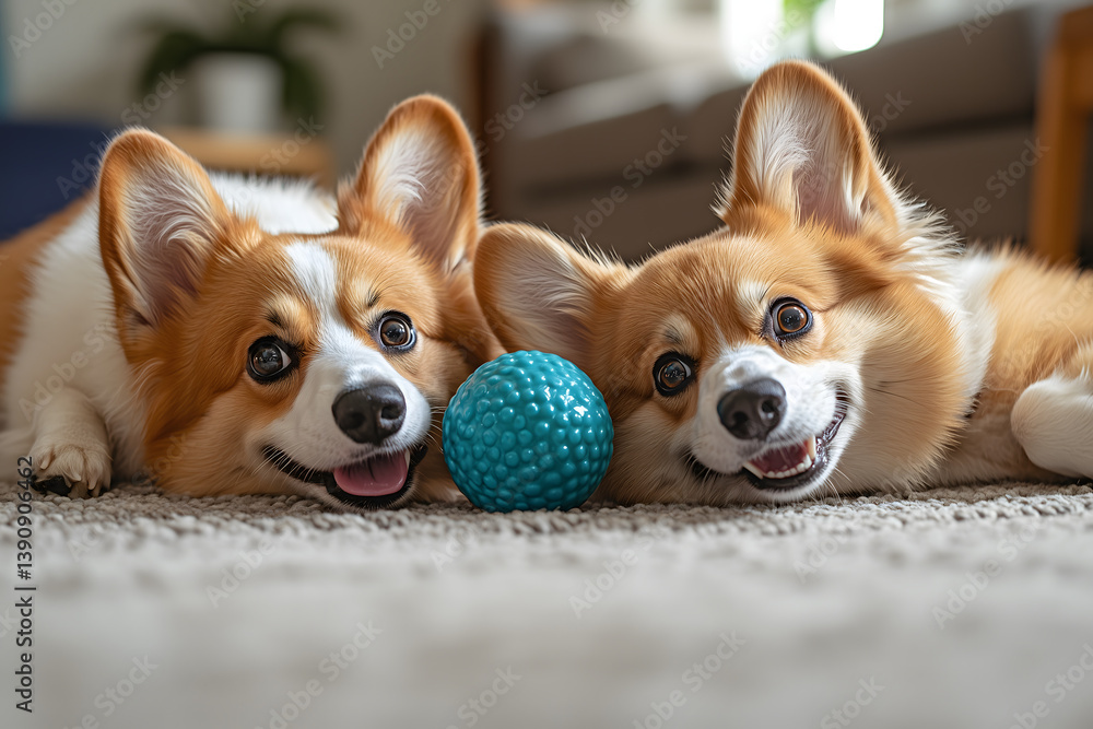 Corgis playing with a blue ball inside a cozy living room during a sunny afternoon Corgis playing with a blue ball inside a cozy living room during a sunny afternoon