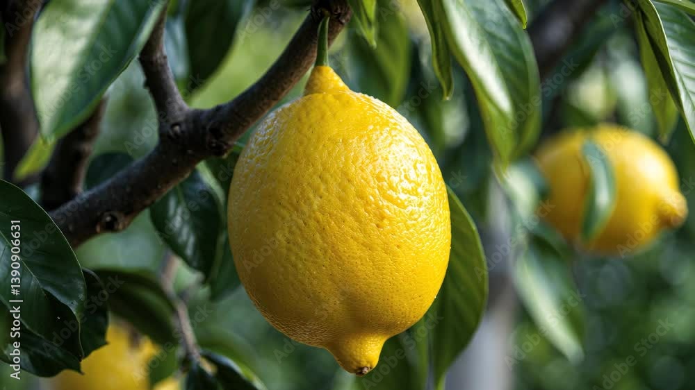 Production of fresh yellow lemons. A single mature fruit hanging from a branch. Citrus tree. Close-up. Production of fresh yellow lemons. A single mature fruit hanging from a branch. Citrus tree. Close-up.