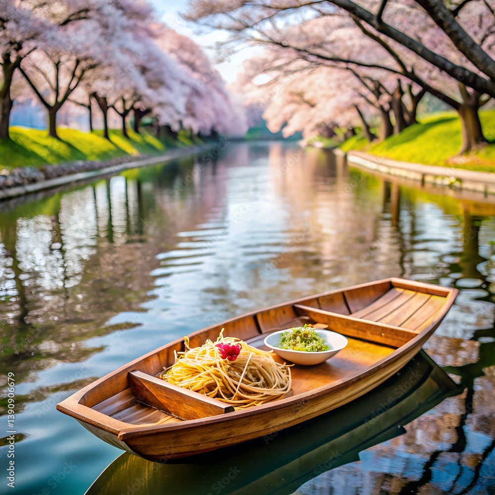 Obraz premium Pasta Plate on Wooden Boat Surrounded by Blossoms