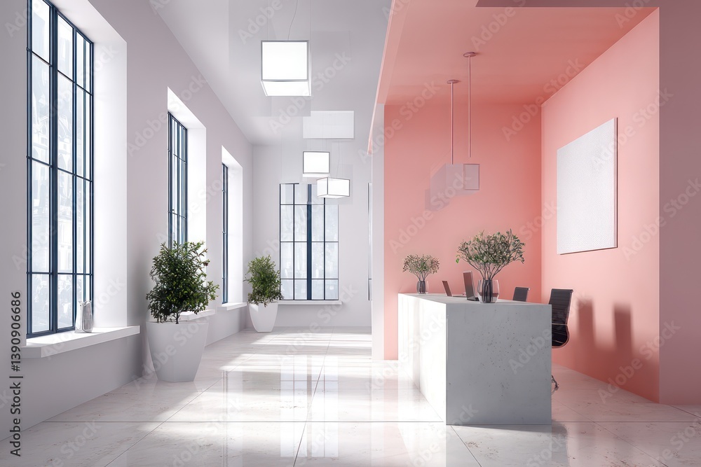 Obraz premium A minimalist reception area with large windows, a white desk flanked by plants, and square ceiling lights casting soft light