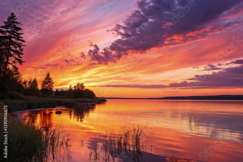 Sunset Over Tranquil Lake With Vibrant Colors and Trees Generative AI