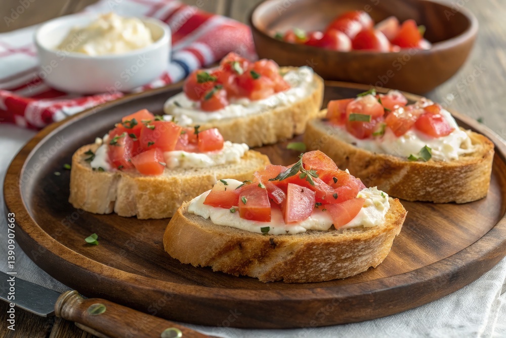 Fresh Bruschetta Topped With Tomatoes on Wooden Platter Generative AI Fresh Bruschetta Topped With Tomatoes on Wooden Platter Generative AI