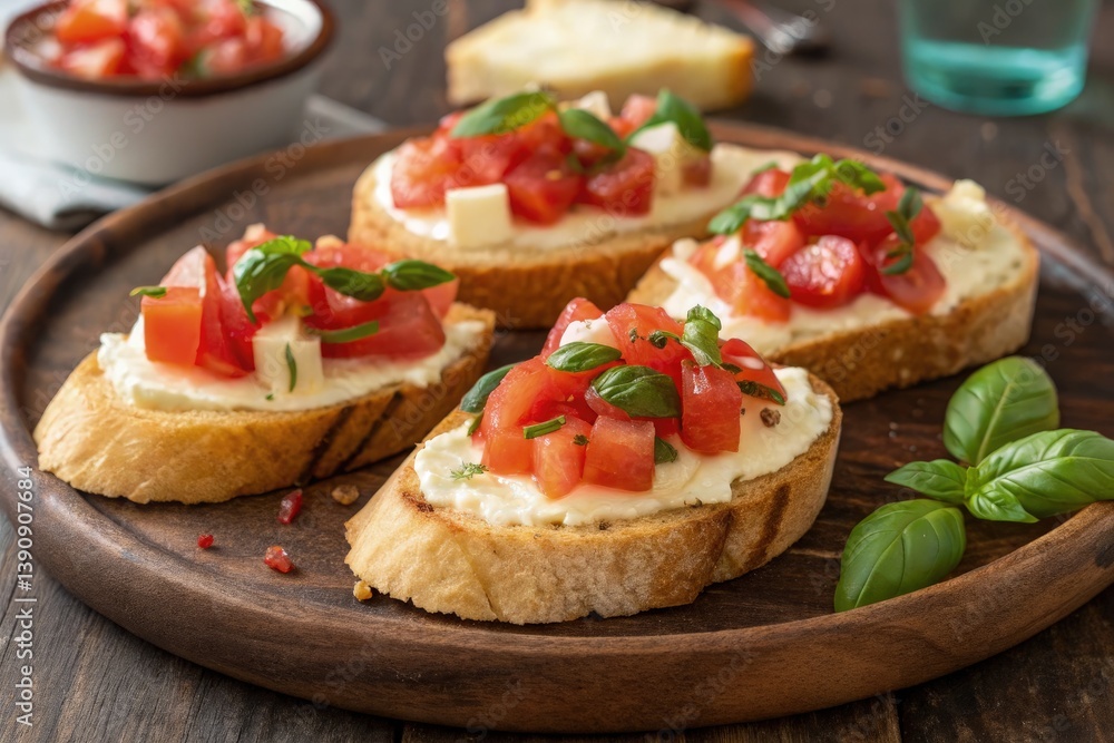 Fresh Tomato Basil Bruschetta Served on Wooden Platter Generative AI Fresh Tomato Basil Bruschetta Served on Wooden Platter Generative AI