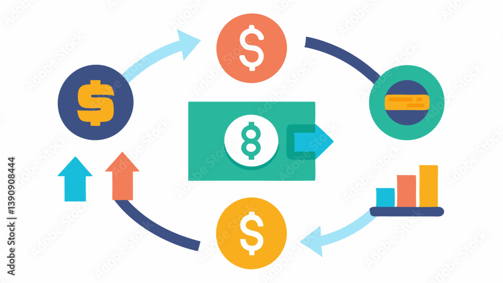 Cash Flow Management An illustration showing arrows depicting money inflow and outflow with icons representing sales expenses and savings demonstrating cash flow tracking. Cash Flow Management An illustration showing arrows depicting money inflow and outflow with icons representing sales expenses and savings demonstrating cash flow tracking.