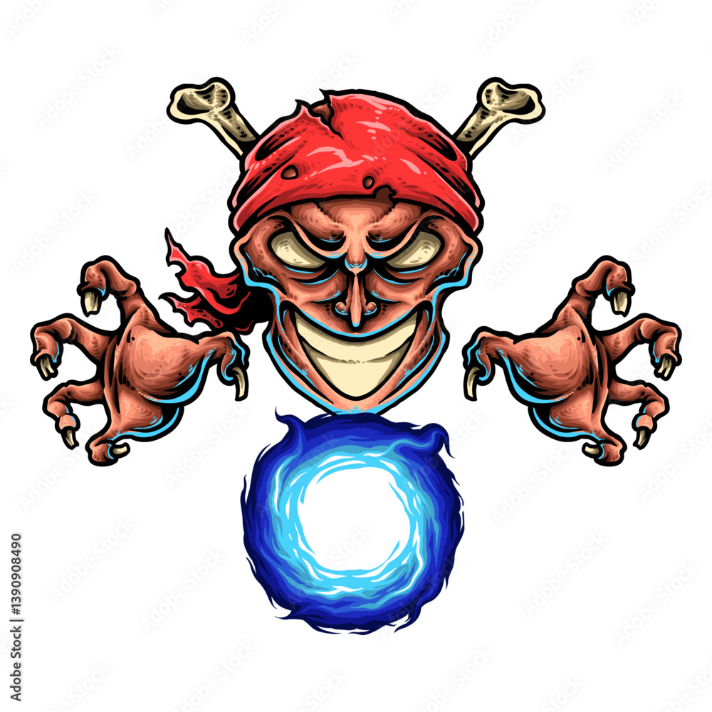Φωτογραφία Menacing Pirate Skull and Energy: An illustrative depiction of a grinning pirate skull exudes a chilling aura of malevolence, its skeletal hands reaching out towards a vibrant orb of swirling energy