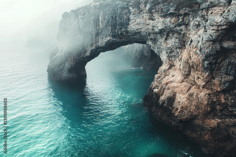 Fototapeta premium Tranquil coastal cliff with natural stone arch over turquoise waters and morning fog lighting scene