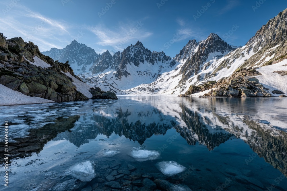 Fototapeta premium Serene alpine lake with ice floes reflecting snow capped peaks under a soft blue sky