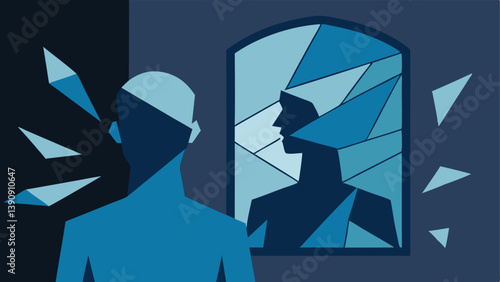Fractured Glass An individual looking at themselves in a fragmented mirror with each shard reflecting a different distorted version of their face and body symbolizing their
