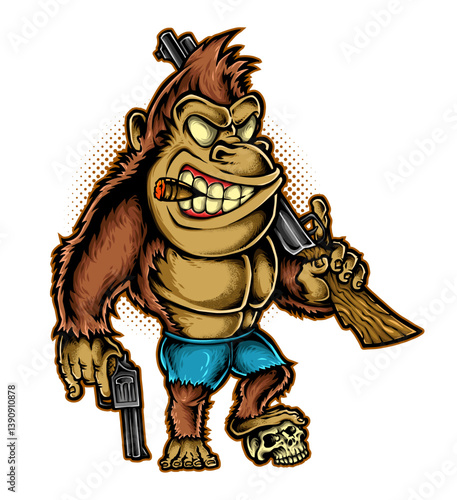 Donkey Kong Armed: This illustration of Donkey Kong in an anthropomorphic style wielding firearms, and cigars represents an unexpected twist on a classic character.