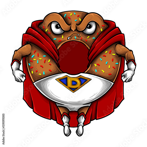 Donut Superhero: A courageous donut character dons a cape, ready to bring justice. This illustration captures the whimsical side of food and heroic themes.