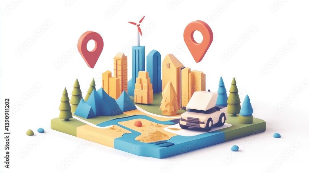 Obraz premium 3D City Map with Vehicle, Location Markers