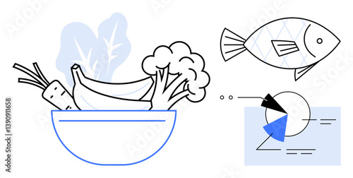 Bowl of vegetables including carrots, bananas, broccoli, and leafy greens, a fish, and infographic elements thumbs up a pie chart for diet analysis. Ideal for nutrition, health, wellness meal