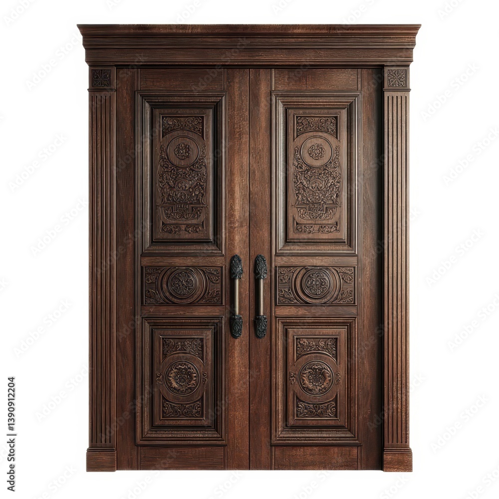 Ornate wooden double doors with carved detail and handles isolated on white background