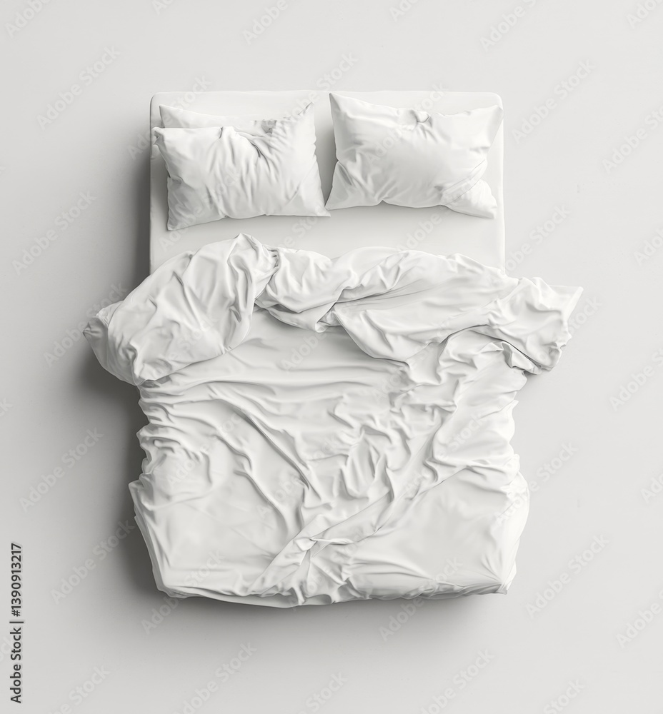 Obraz premium Pristine white bed, top view, linen bedding