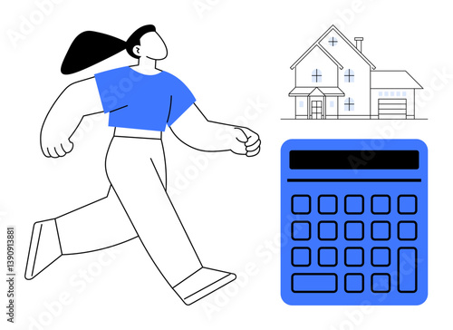 Woman in motion symbolizing decision-making, house representing homeownership, and calculator for financial management. Ideal for finance, real estate, budgeting, loans, saving, investments flat