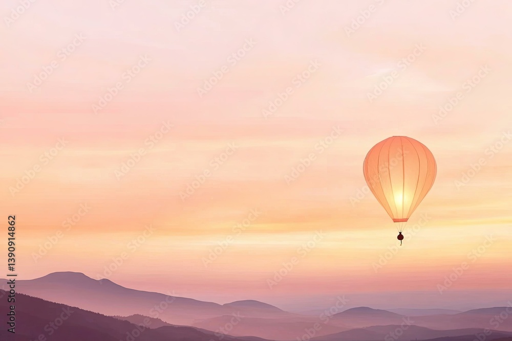 Fototapeta premium Hot air balloon floats over serene mountains at sunrise, creating a peaceful and adventurous travel scene