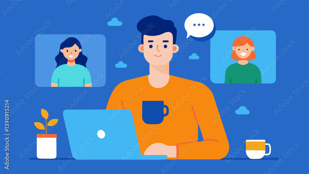 Coffee Break Moments A project manager holding a coffee mug engaging in a casual video chat with team members who are relaxing in their homes emphasizing worklife balance. Coffee Break Moments A project manager holding a coffee mug engaging in a casual video chat with team members who are relaxing in their homes emphasizing worklife balance.