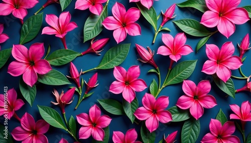 Bold fuchsia blossoms, lush leaves, vibrant repeat pattern, floral design, illustration