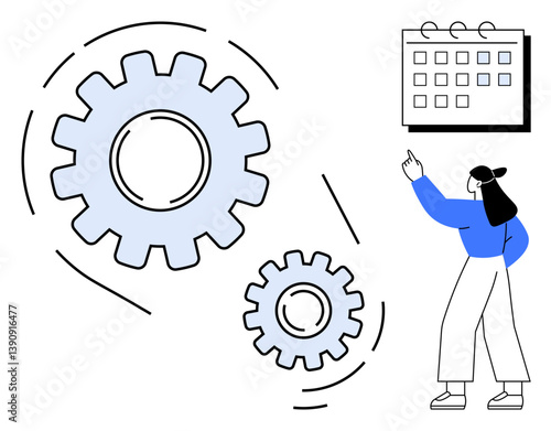 Woman gestures toward a calendar next to large moving gears symbolizing workflow and productivity. Ideal for planning, strategy, workflow, time management, organization, teamwork, productivity