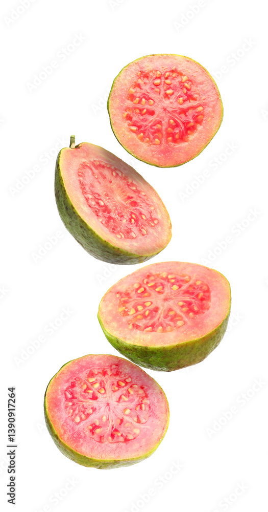 Fresh guavas. Pieces of fruits falling on white background Fresh guavas. Pieces of fruits falling on white background