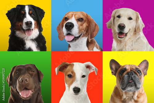 Photography Funny dogs on different colors backgrounds, collage of pet portraits