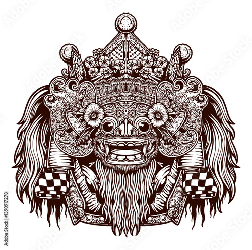 Bali Barong Mask: A detailed illustration of a Bali Barong mask, a symbol of good, with intricate carvings and traditional design. The image evokes the rich cultural heritage of Bali.