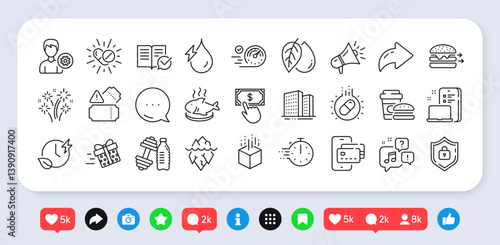 Phone pay, Speedometer and Shield line icons pack. Social media: share, comment, like icons. Iceberg, Medical drugs, Voicemail web icon. Vector