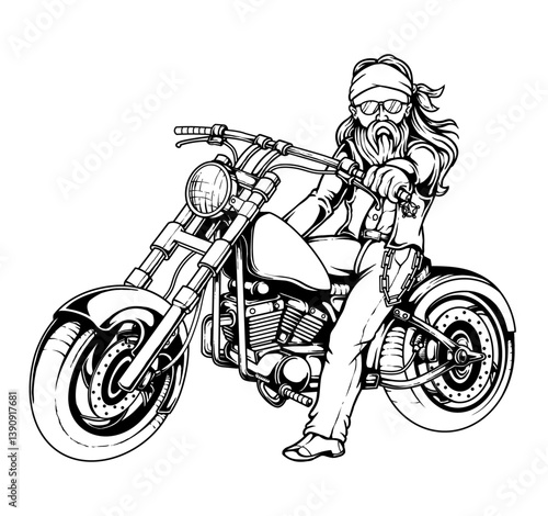Biker and Chopper: A detailed black and white illustration of a rugged biker seated confidently atop a powerful chopper motorcycle. The image captures the essence of freedom, rebellion.