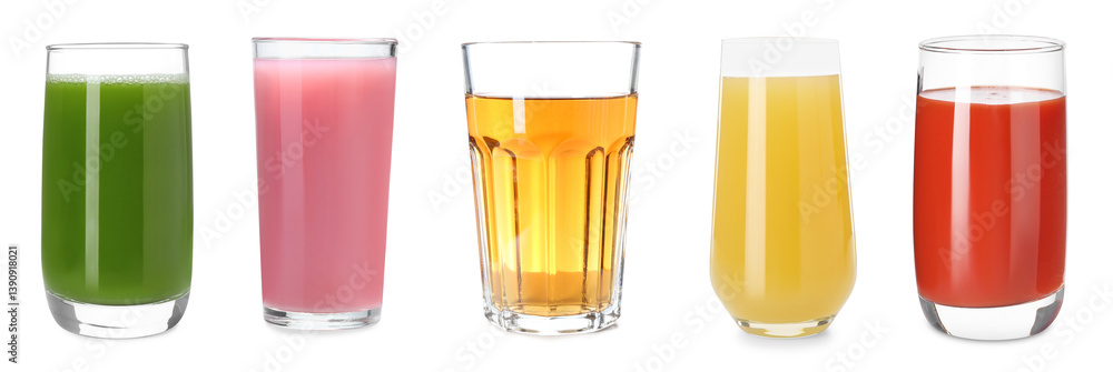 Set of different juices in glasses isolated on white Set of different juices in glasses isolated on white
