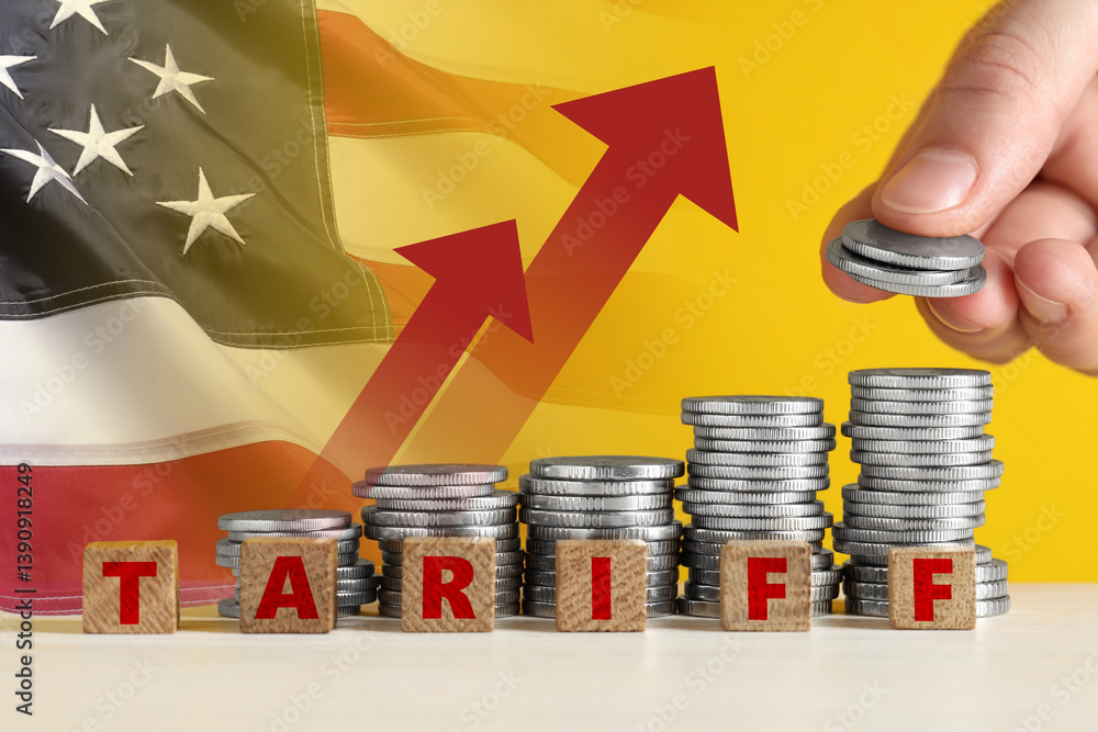 Tariff increase. Man stacking coins near cubes on table, closeup. Flag of USA and arrows