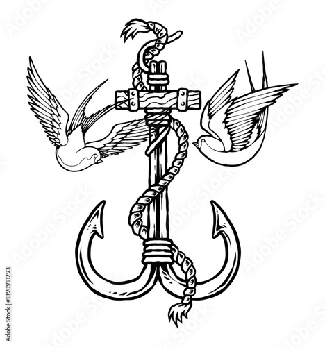 Nautical Anchor Illustration: An intricate illustration of an anchor, entwined with a sturdy rope, and flanked by two graceful swallows in flight.