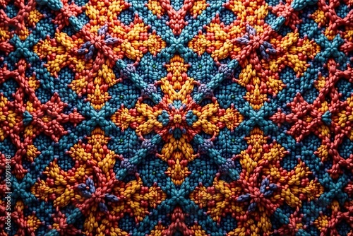 Intricate woven textile, repeating geometric motif , vintage, retro, color