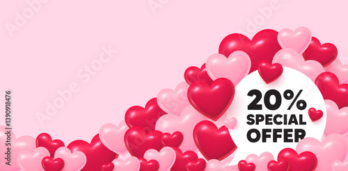 Discount speech bubble. 3d hearts love background. 20 percent discount offer tag. Sale price promo sign. Special offer symbol. Valentines day greeting card. Cute 3d hearts. Vector