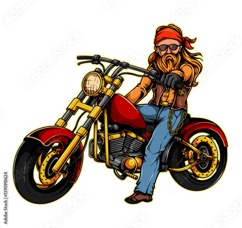 Rider and Motorcycle: A spirited rider with flowing hair, bandanna, and sunglasses astride a powerful motorcycle. The essence of freedom and adventure is captured in this bold artwork.