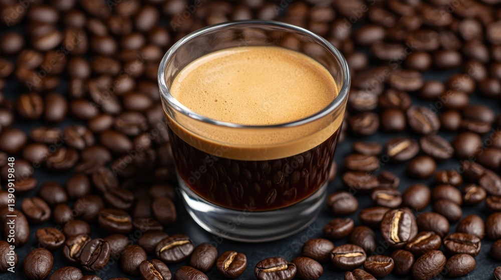 Espresso shot surrounded by coffee beans Espresso shot surrounded by coffee beans