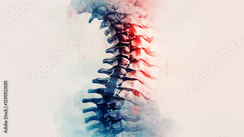 spine anatomy vertebrae illustration with red and blue colors. Watercolor and vector graphic