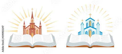 Bible and church. Symbol of faith and Holy Spirit. Church on the background of an open book. Shining cross. The Word of God that came to us through the Holy Scripture. Icons set. Church logo. Isolated