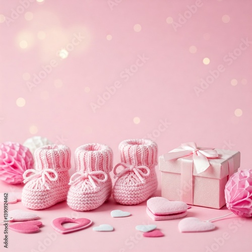 Pink baby shower decorations with crochet baby booties, heart shapes and gift box with ribbon on pink background