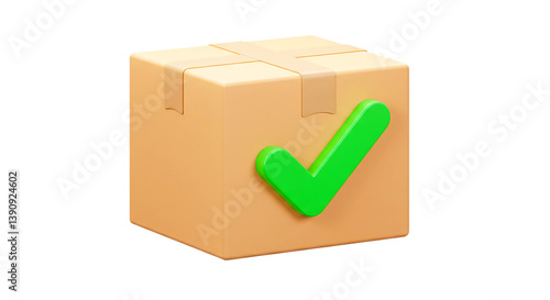 Delivery package shipping box cardboard checkmark green approval complete correct 3d render design 100