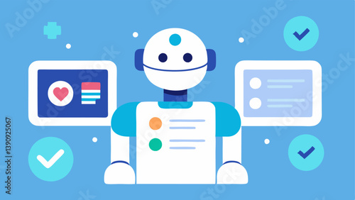 Client Profile Analysis An AI system represented as a friendly robot analyzing a client profile on a large screen displaying various preferences and risk levels.