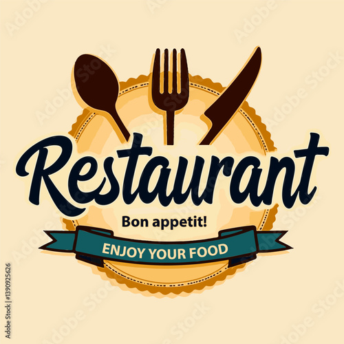 A welcoming restaurant promotes its delicious offerings with a charming design. The decor includes utensils, inviting guests to savor their meals in a delightful environment.