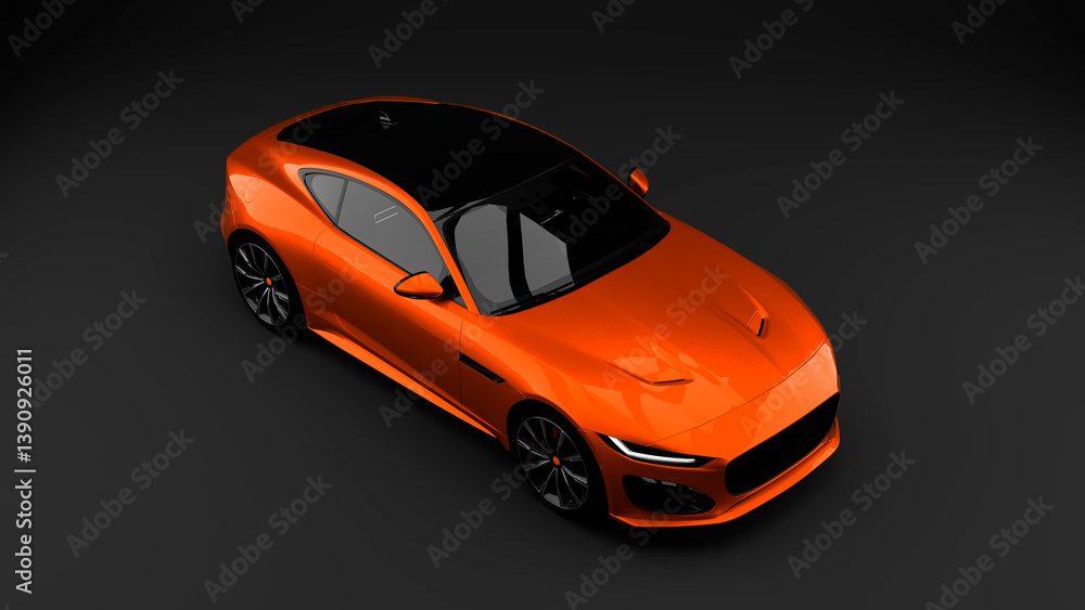 Orange sportcar on grey background top view