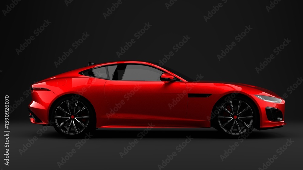 Red sportcar on grey background side view Red sportcar on grey background side view